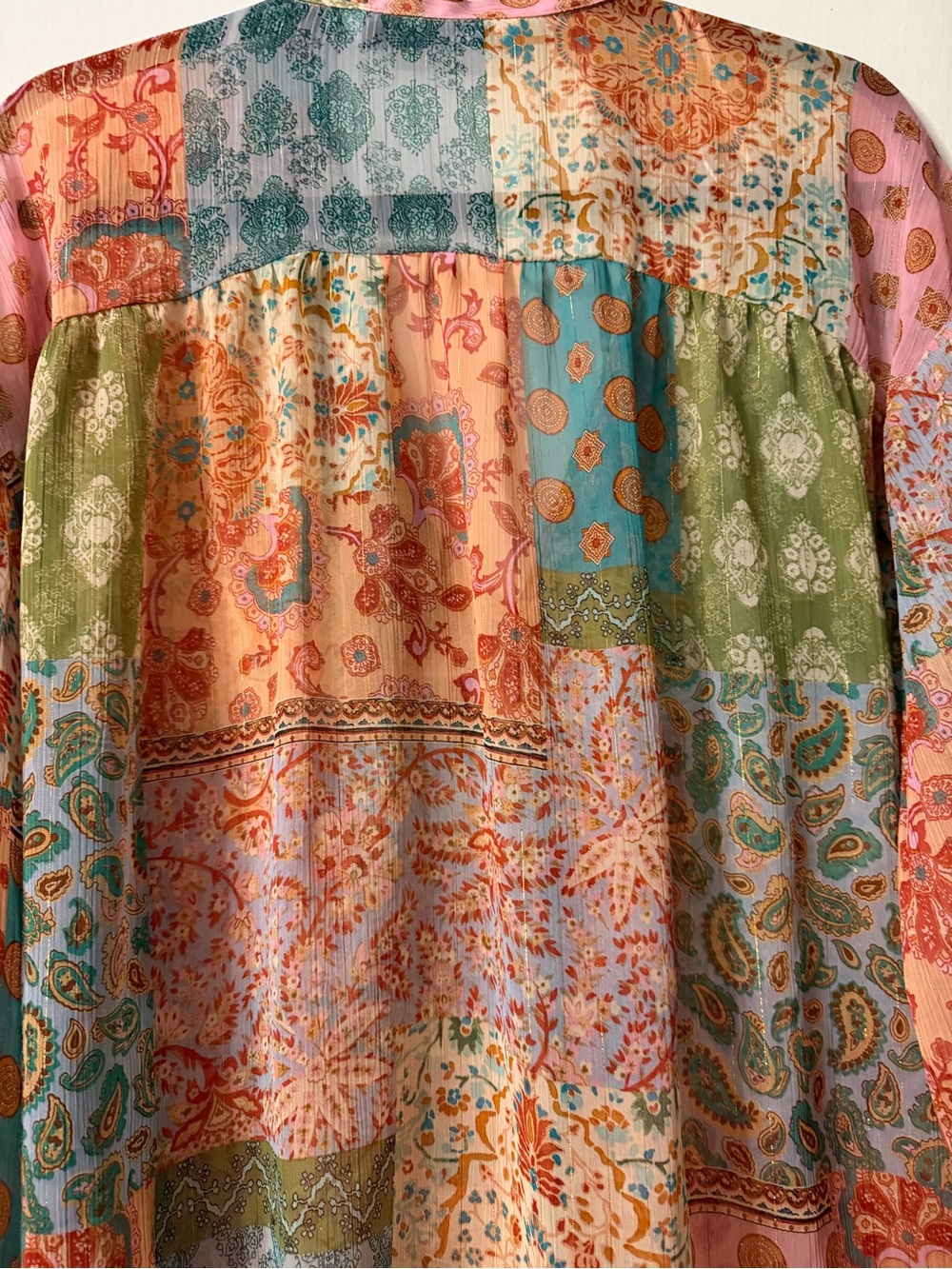 ZARA Sheer Patchwork Women’s Multicolor Shimmer Boho Blouse Sz L - Picture 5 of 11